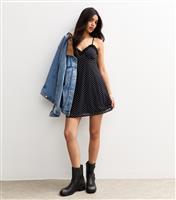Women's Black Polka Dot Frill Trim Mini Dress New Look