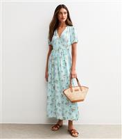 Women's Blue Gingham Check Floral Wrap Midi Dress New Look