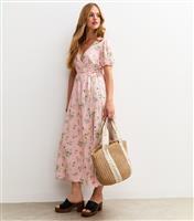 Women's Pink Gingham Check Floral Wrap Midi Dress New Look