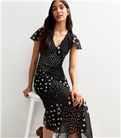 Women's Black Spot Print V-Neck Midi Dress New Look