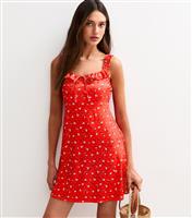 Women's Red Floral Print Ruffle Trim Mini Dress New Look