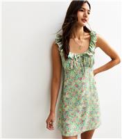 Women's Green Floral Print Scoop Neck Tie Back Mini Dress New Look