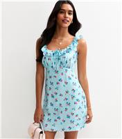 Women's Blue Gingham Check Floral Print Ruffled Mini Dress New Look