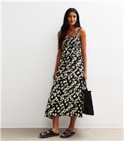 Women's Black Daisy Print Frilly Trim Midi Dress New Look