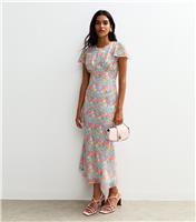 Women's Blue Floral Print Chiffon Midi Dress New Look