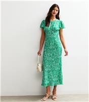 Women's Green Floral Print Chiffon Crew Neck Midi Dress New Look