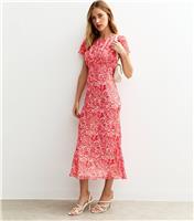 Women's Red Floral Print Chiffon Crew Neck Midi Dress New Look
