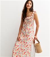 Women's Multicolour Floral Print Ruffle Trim Tie Back Midi Dress New Look