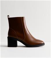 Women's Brown Faux Leather Block Heel Ankle Boots Vegan New Look