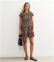 Women's Brown Animal Print Flutter Sleeve Mini Dress New Look