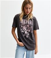 Women's Dark Grey Acid Wash Nirvana Flower Print Oversized T-Shirt New Look