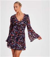 Women's Black Chiffon Floral Skater Mini Dress Quiz New Look