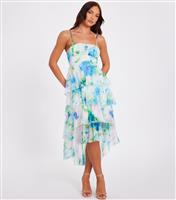 Women's Light Blue Floral Print Tiered Midi Dress Quiz New Look