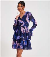 Women's Navy Floral Print Tiered Skater Mini Dress Quiz New Look