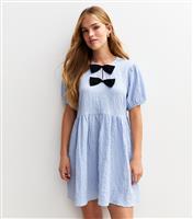 Women's Blue Textured Bow Appliqued Puff Sleeve Mini Dress New Look