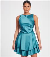 Women's Teal Satin Layered Mini Skater Dress Quiz New Look
