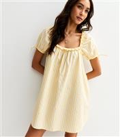 Women's Yellow Stripe Print Frill Trim Square Neck Poplin Mini Dress New Look