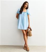 Women's Blue Stripe Print Frill Trim Square Neck Poplin Mini Dress New Look