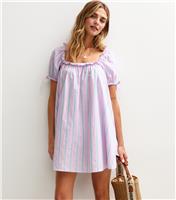 Women's Pink Cotton Striped Frill Trim Square Neck Mini Dress New Look
