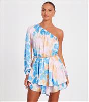 Women's Blue Floral Print One Shoulder Playsuit Quiz New Look