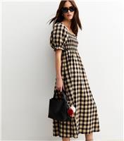 Women's Brown Checked Puff Sleeve Seersucker Midi Dress New Look
