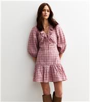 Women's Pink Check Print Ruffle Collar Mini Dress New Look