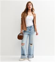 Women's Light Blue Ripped Knee Wide Leg Turn Up Jeans New Look