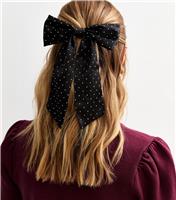 Black Satin Diamante Embellished Bow Hair Slide New Look