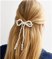 Cream Faux Pearl Bow Barette Hair Clip New Look
