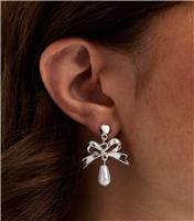 Silver Tone Faux Pearl Charm Bow Drop Stud Earrings New Look