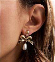 Gold Tone Faux Pearl Charm Bow Drop Stud Earrings New Look