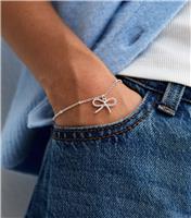 Silver Tone Ribbed Textured Bow Bracelet New Look