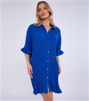 Women's Bright Blue Plisse Frilly Trimmed Shirt Dress Gini London New Look