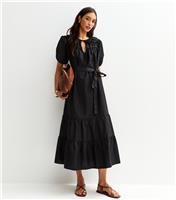 Women's Black Oversized Tie Neck Poplin Midi Smock Dress New Look