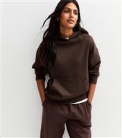 Women's Brown Oversized Front Pocket Jersey Hoodie New Look