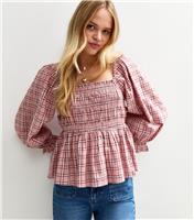 Women's Pink Shirred Checked Frilly Trim Top New Look