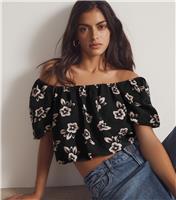 Women's Black Floral Print Bubble Hem Cropped Milkmaid Top New Look