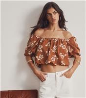 Women's Brown Floral Print Puff Sleeve Crop Top New Look