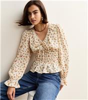 Women's Cream Floral Print V-Neck Top New Look
