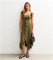 Women's Khaki Ruffled Asymmetric Midi Dress New Look