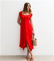 Women's Bright Red Ruffled Asymmetric Midi Dress New Look