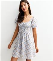 Women's Blue Checked Puff Sleeve Mini Dress New Look
