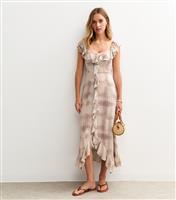 Women's Cream Checked Ruffle Trim Midi Dress New Look