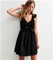 Women's Black Ruffle Trim Shirred Mini Dress New Look