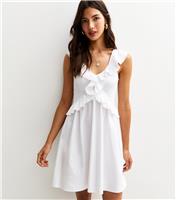 Women's White Ruffle Trim Shirred Mini Dress New Look