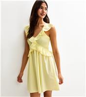 Women's Light Yellow Striped Print Ruffle Trim Shirred Mini Dress New Look