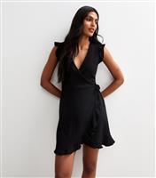 Women's Black Crinkled Frilly Trim Wrap Mini Dress New Look