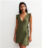 Women's Khaki Crinkled Frilly Trim Wrap Mini Dress New Look