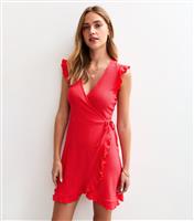 Women's Bright Red Crinkled Frilly Trim Wrap Mini Dress New Look