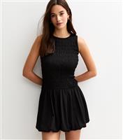 Women's Black Shirred Bodice Puffball Hem Mini Dress New Look